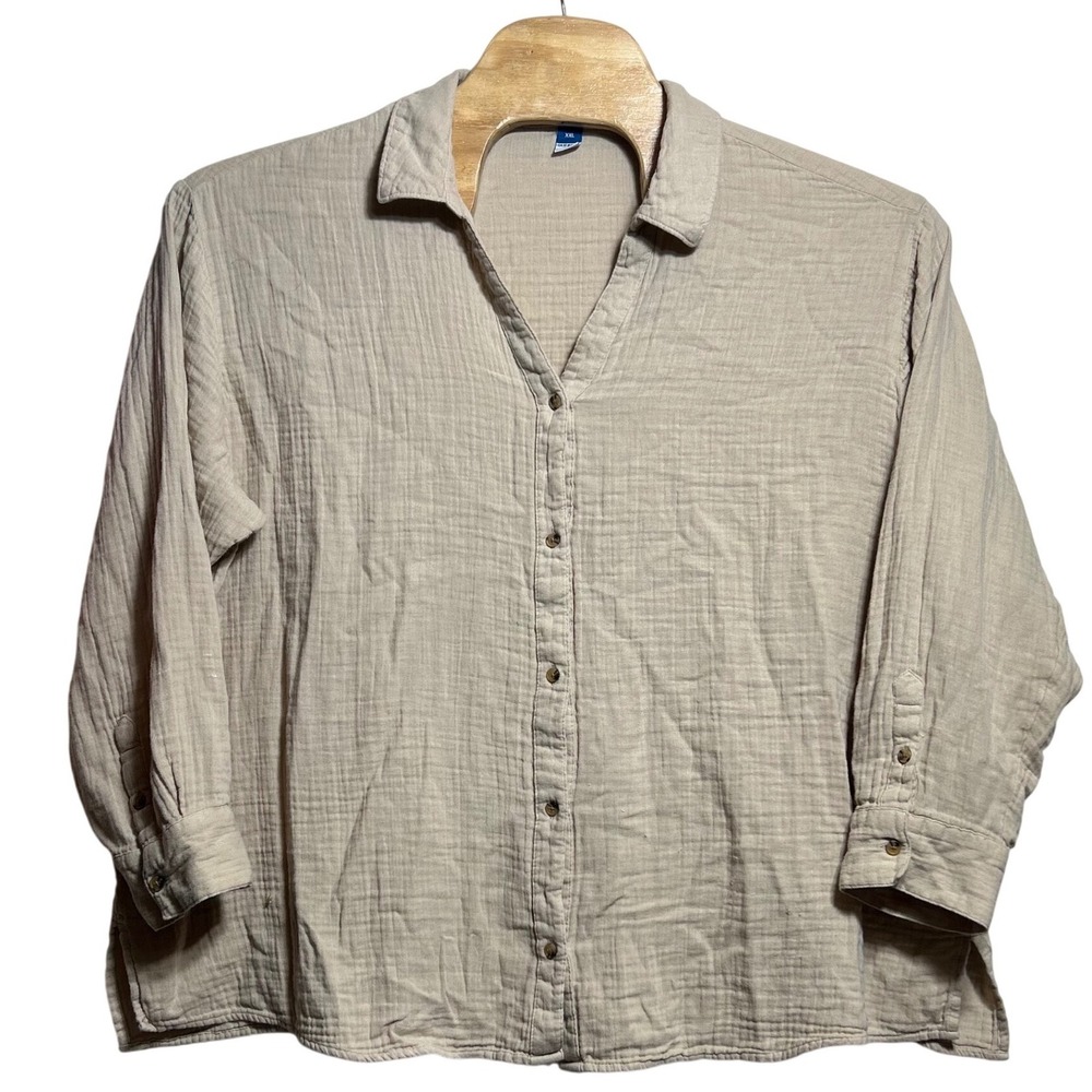 Old Navy XXL Beige Cotton Double Weave Gauze Button Down Shirt Boho